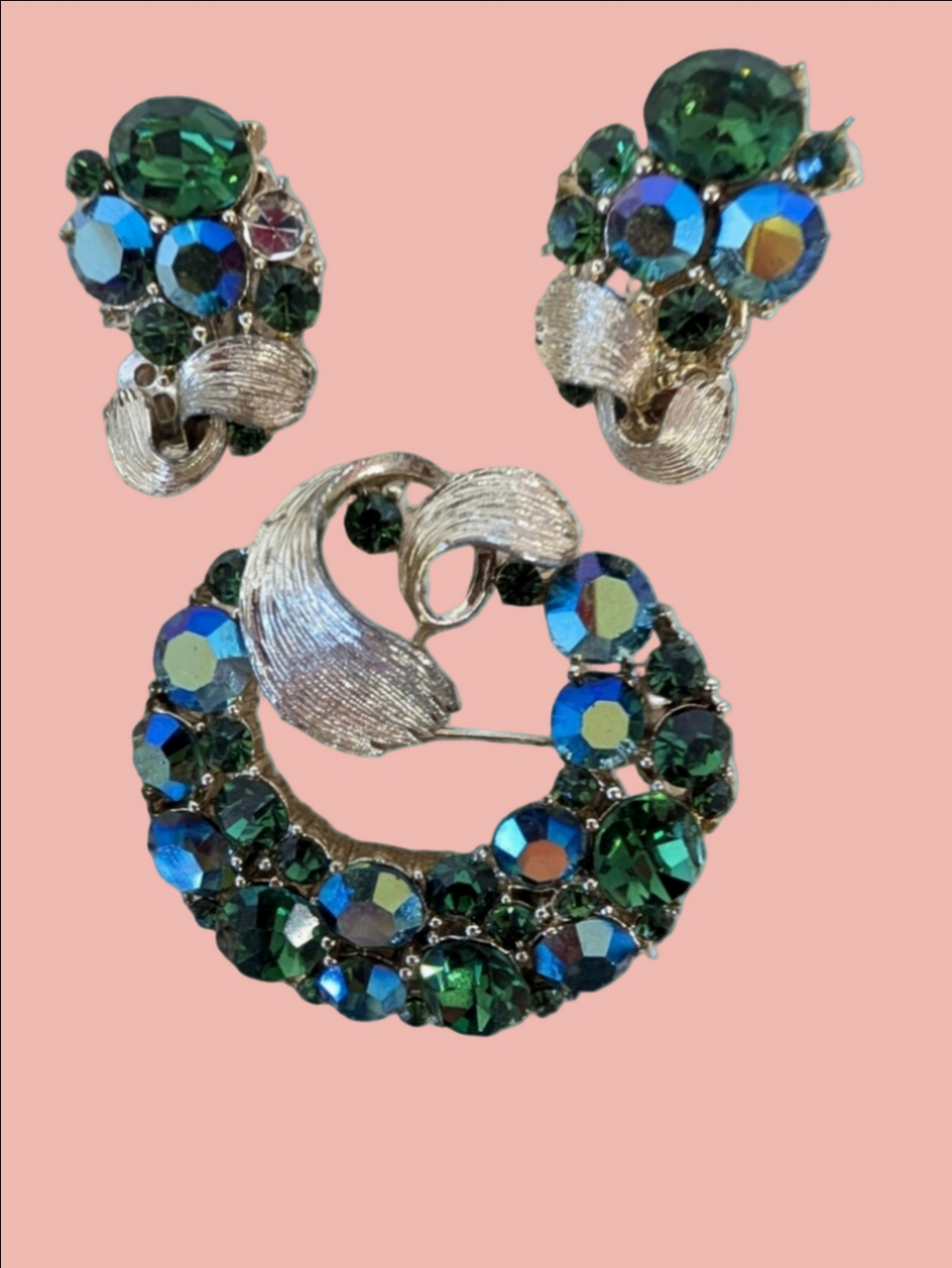 Vintage Brooch Clip-On Earring Set By Lisner Greenish Blue Rhinestone 1950s